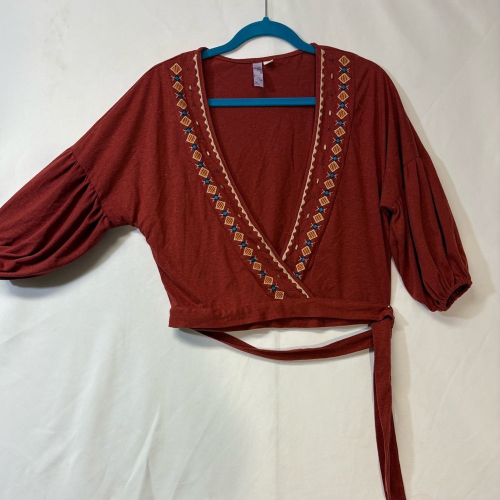 Alya Boho Embroidered Wrap Top M Burgundy Rust Beaded Linen Blend Francesca Styl